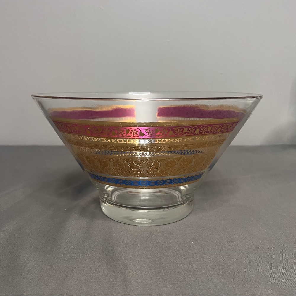 VTG Culver MCM Gold, Blue & Red Decorative Chip Dish 10.5x10.5x5.75”